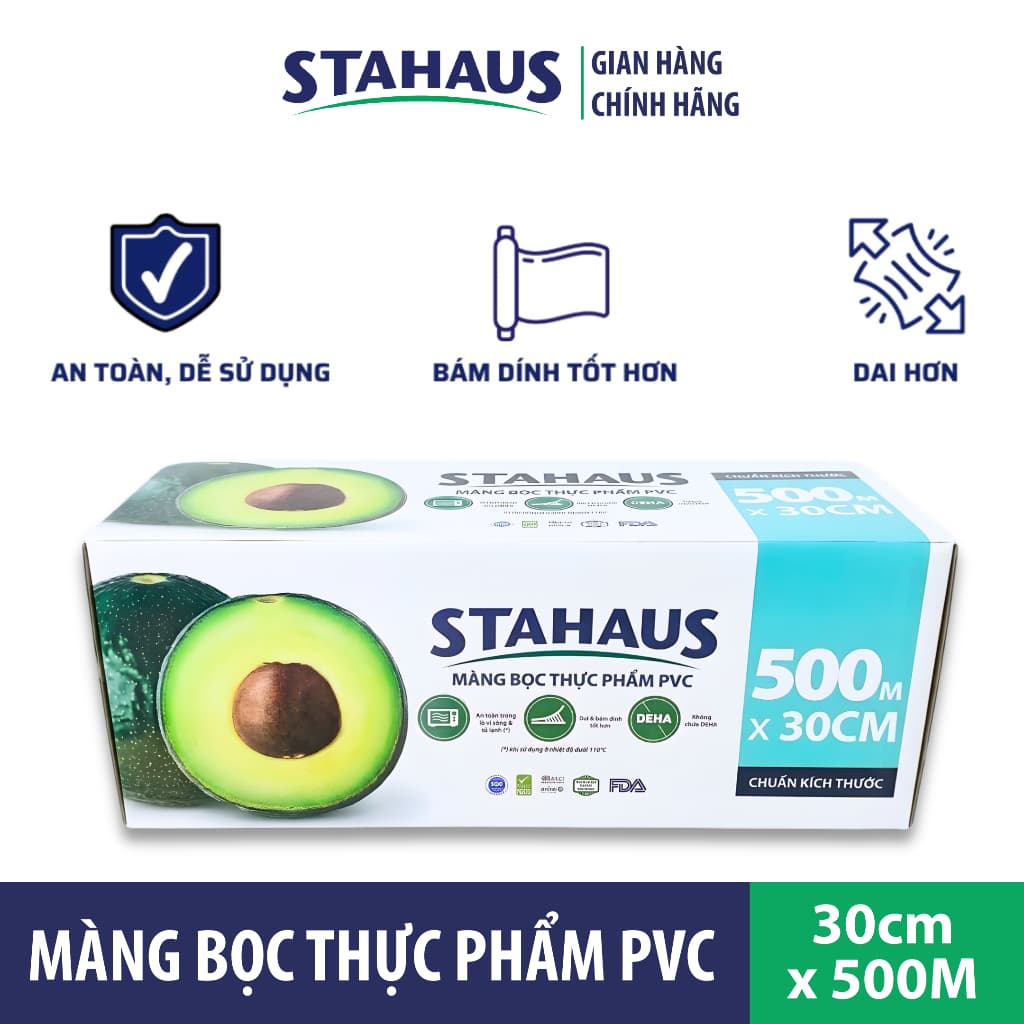 Màng bọc Thực phẩm PVC STAHAUS An toàn Sức khỏe Co Giãn Tốt 500m x 30/40/45cm - Hàng Chính hãng