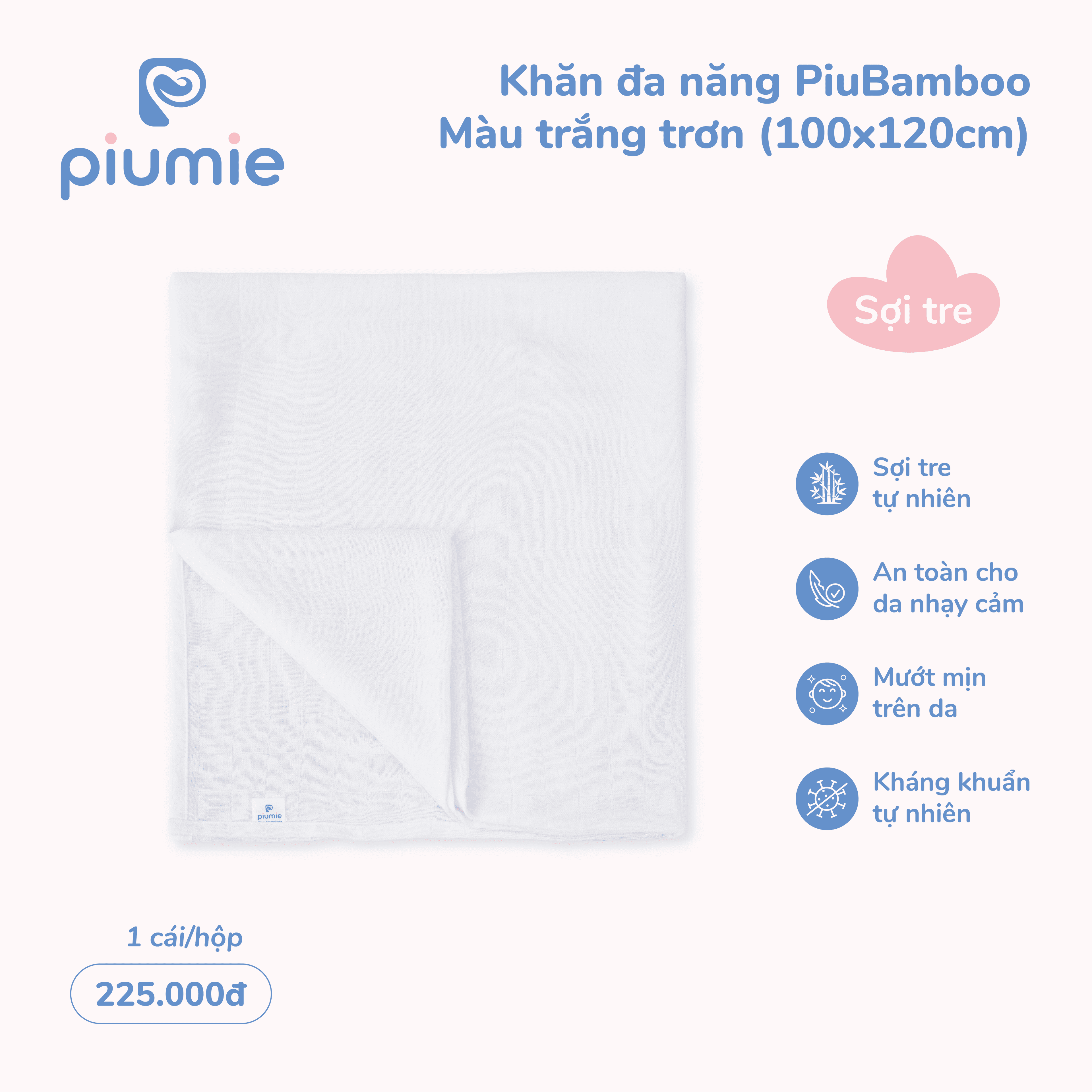 Khăn đa năng sợi tre Piu Bamboo 2 lớp với 70% sợi tre tự nhiên