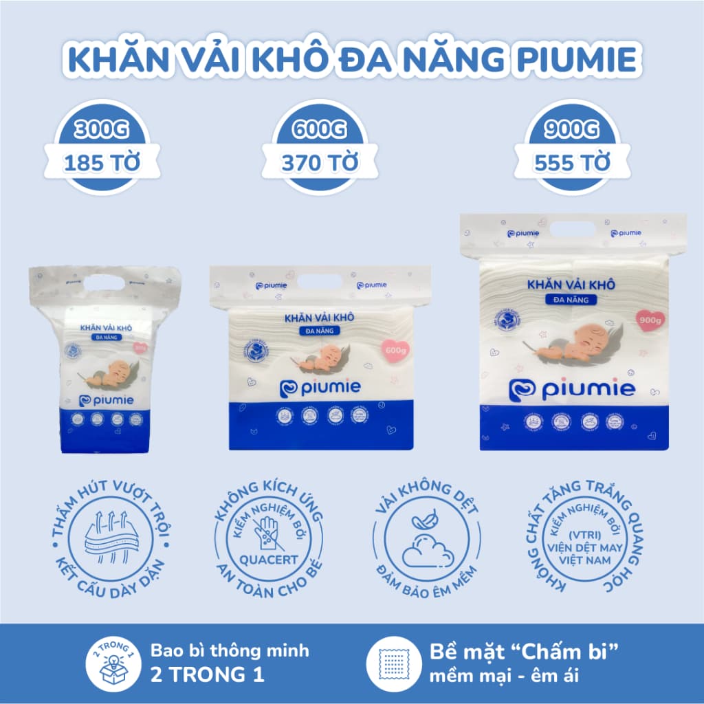 Combo Khăn vải khô đa năng 900g và 600g Tặng túi 300g Piumie - Vải không dệt, không kích ứng, mềm mại an toàn cho bé 3