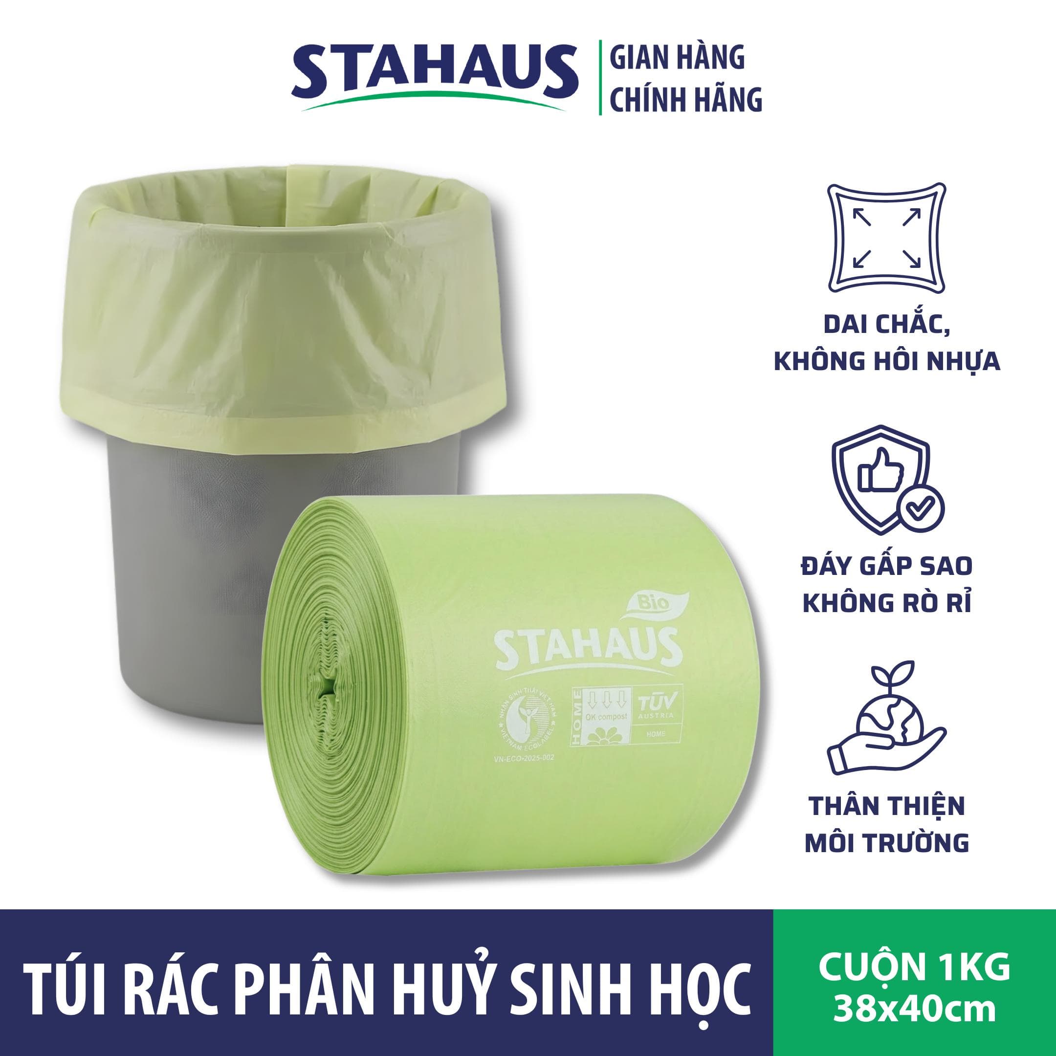 Cuộn 1kg Túi rác đáy gấp sao STAHAUS Phân huỷ sinh học Thân thiện môi trường - Dai chắc, không rò nước, Tiện lợi Vệ sinh 3