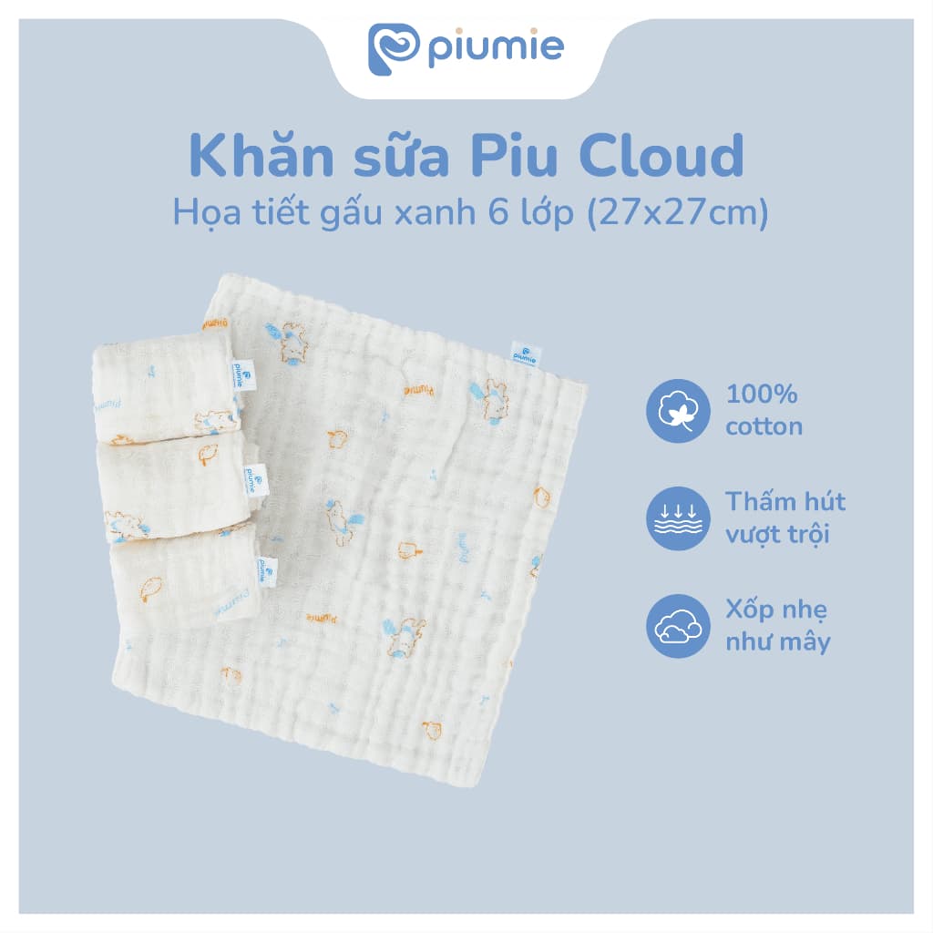 <Combo 5-25 Khăn>Hộp 5 Khăn sữa muslin nhăn Piumie 6 lớp cho bé sơ sinh - Sợi cotton muslin cao cấp, mỏng nhẹ thoáng khí