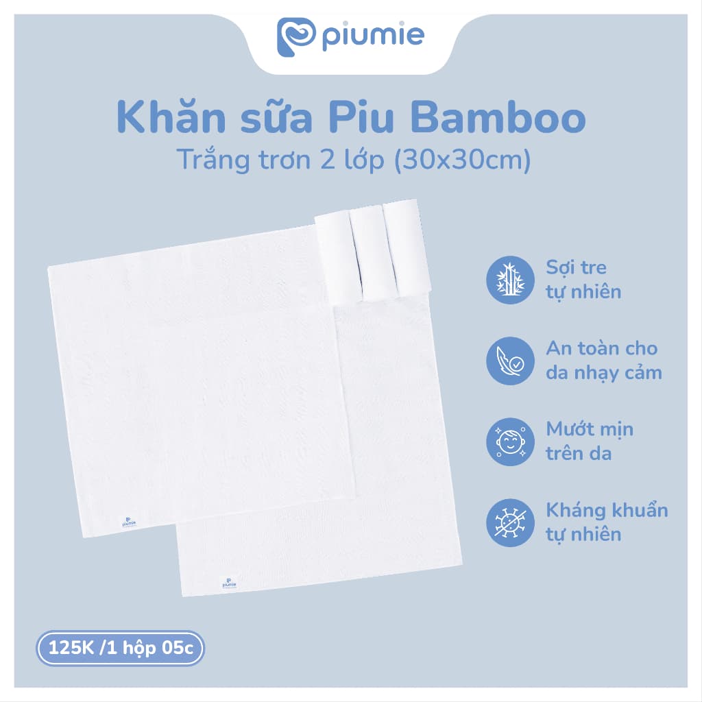 <Combo 5 - 25 Khăn> Hộp 5 Khăn sữa sợi tre Piumie 2 lớp cho bé sơ sinh - Sợi tre tự nhiên, mềm mượt, kháng khuẩn an toàn