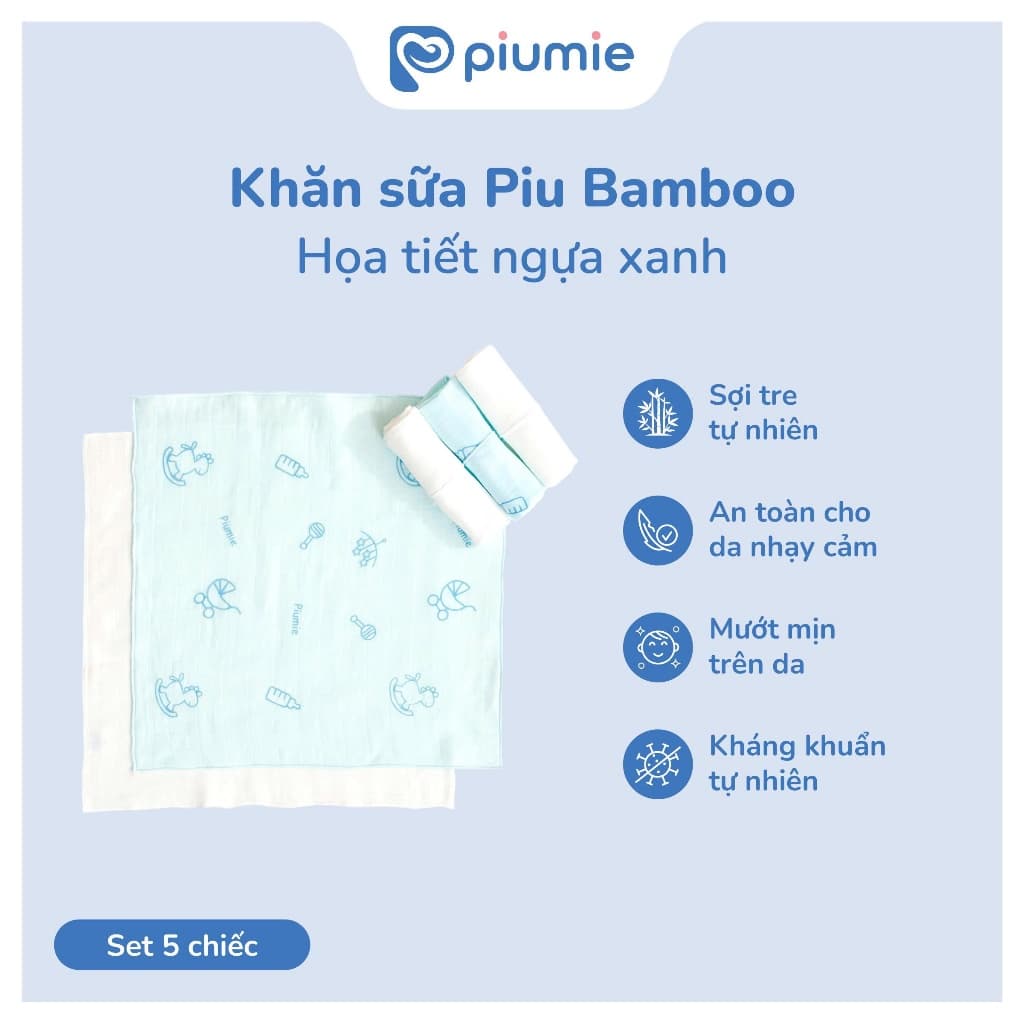 <Combo 5 - 25 Khăn> Hộp 5 Khăn sữa sợi tre Piumie 2 lớp cho bé sơ sinh - Sợi tre tự nhiên, mềm mượt, kháng khuẩn an toàn 8