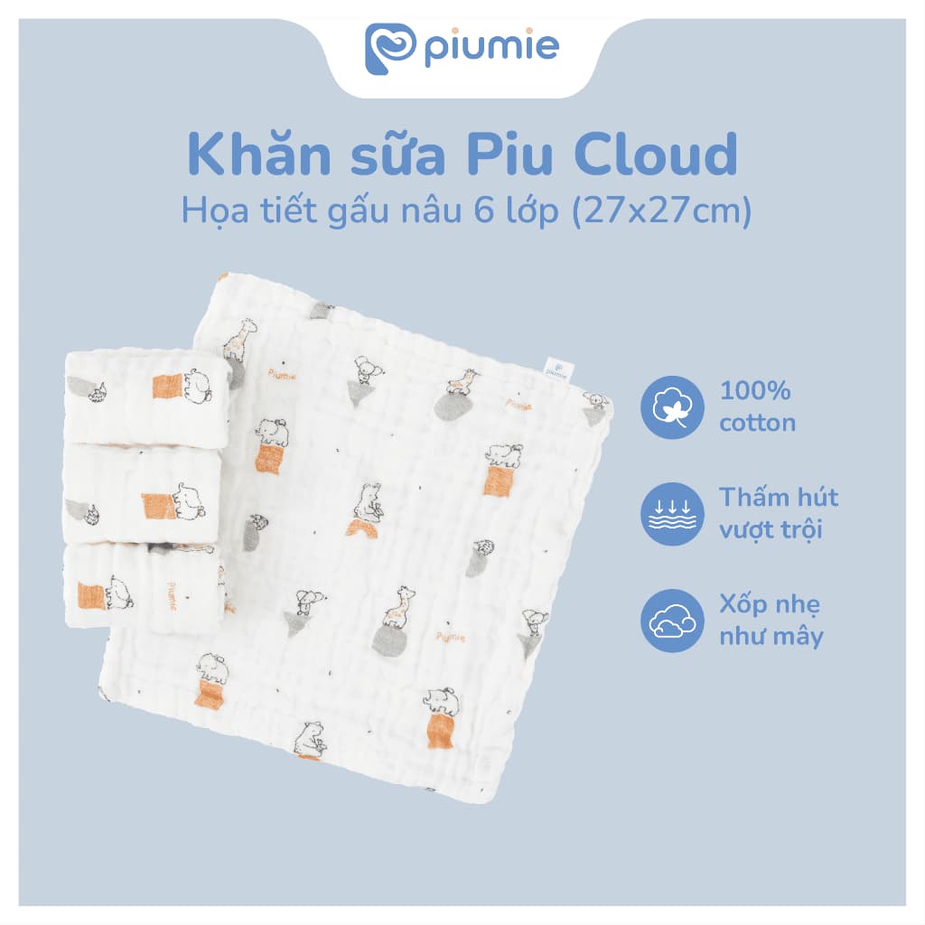 <Combo 5-25 Khăn>Hộp 5 Khăn sữa muslin nhăn Piumie 6 lớp cho bé sơ sinh - Sợi cotton muslin cao cấp, mỏng nhẹ thoáng khí 3