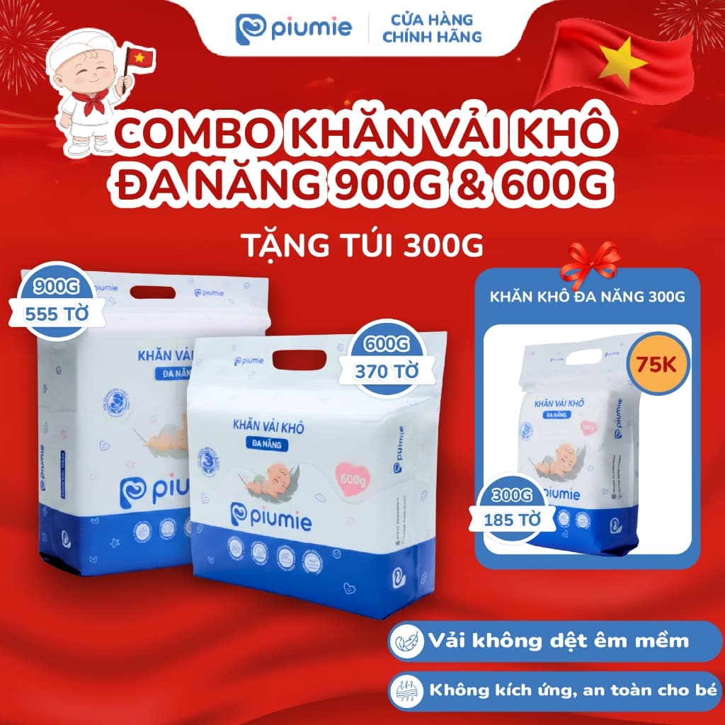 Combo Khăn vải khô đa năng 900g và 600g Tặng túi 300g Piumie - Vải không dệt, không kích ứng, mềm mại an toàn cho bé