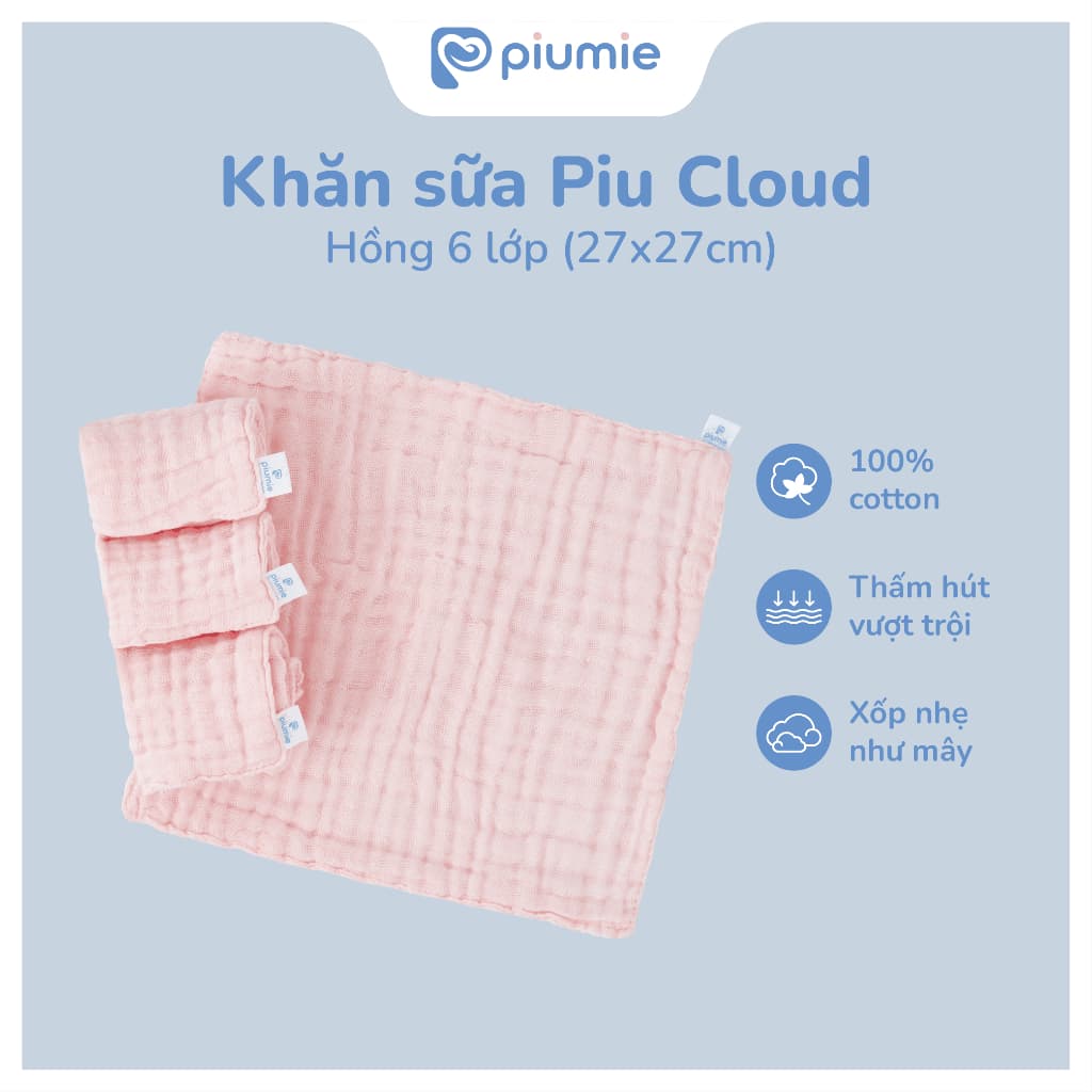 <Combo 5-25 Khăn>Hộp 5 Khăn sữa muslin nhăn Piumie 6 lớp cho bé sơ sinh - Sợi cotton muslin cao cấp, mỏng nhẹ thoáng khí 5