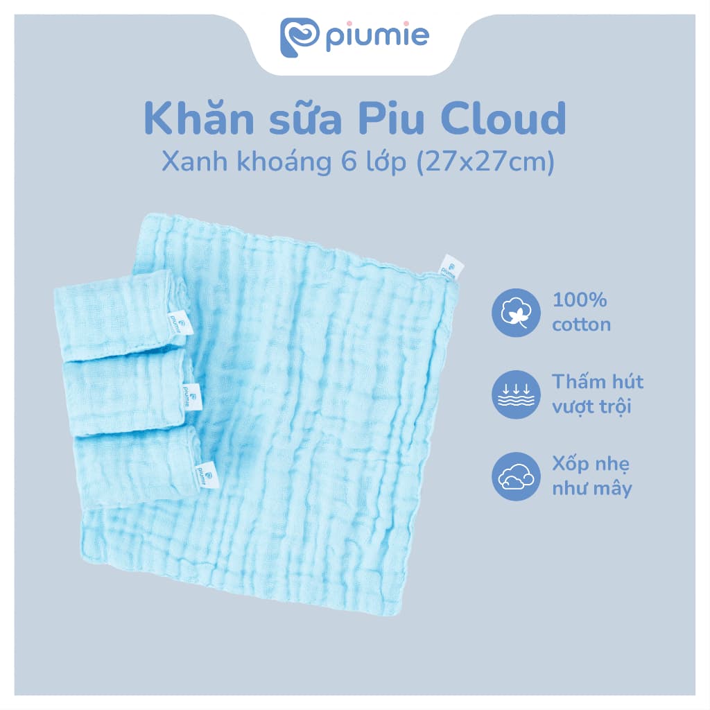 <Combo 5-25 Khăn>Hộp 5 Khăn sữa muslin nhăn Piumie 6 lớp cho bé sơ sinh - Sợi cotton muslin cao cấp, mỏng nhẹ thoáng khí 4