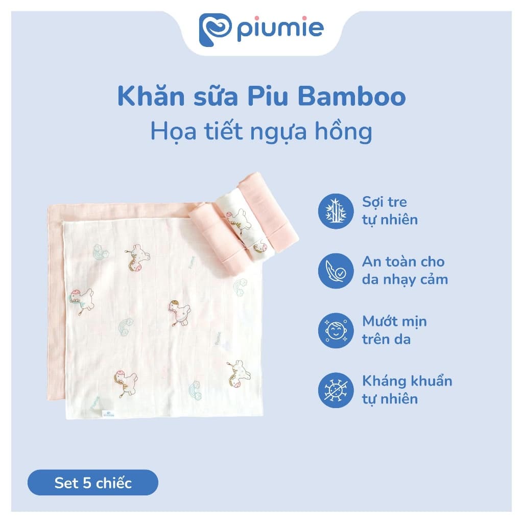 <Combo 5 - 25 Khăn> Hộp 5 Khăn sữa sợi tre Piumie 2 lớp cho bé sơ sinh - Sợi tre tự nhiên, mềm mượt, kháng khuẩn an toàn 7