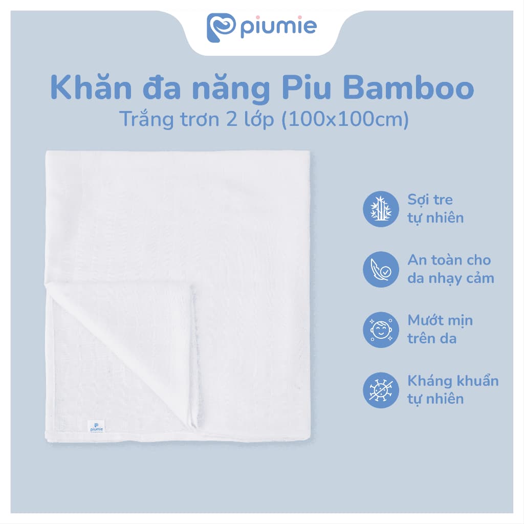 Khăn tắm, choàng ủ sợi tre cho bé sơ sinh - Khăn đa năng Piumie 2 lớp mềm mượt, thấm hút nhanh
