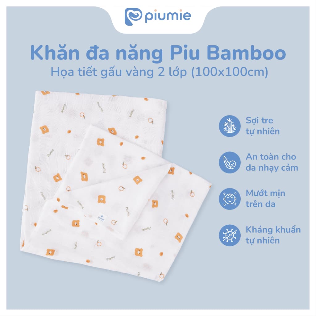 Khăn tắm, choàng ủ sợi tre cho bé sơ sinh - Khăn đa năng Piumie 2 lớp mềm mượt, thấm hút nhanh 5